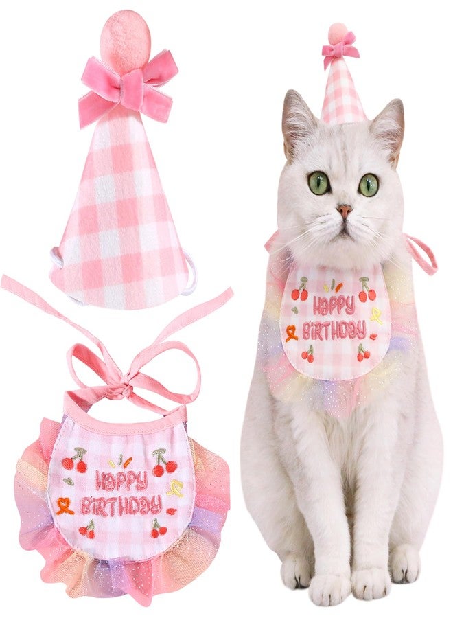 Kunyeah 2Pcs Pet Happy Birthday Hat Scarf Set - Cute Embroidered Cat Bandana Outfit - Cat Plaid Pattern Princess Costumes - Dog Lace Bib - Pet Party Supplies Decoration (Pink) - Image 1